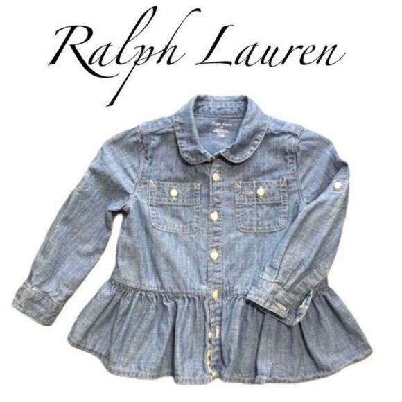 Ralph Lauren Infant Girls Peplum Denim Shirt Button Front Faded Design Size 12M - Picture 1 of 12